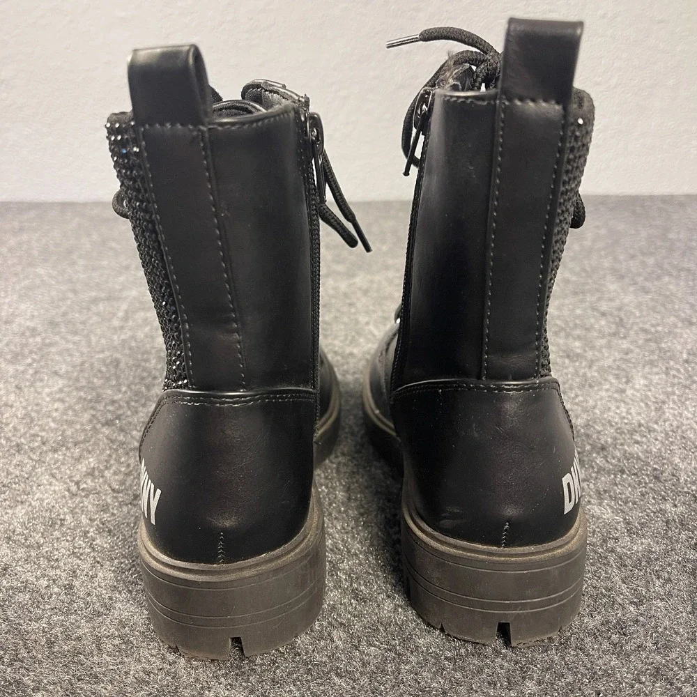 DKNY Girls Combat Boots Youth 2 Black Lace Up Zipper Rhinestone Lug Sole